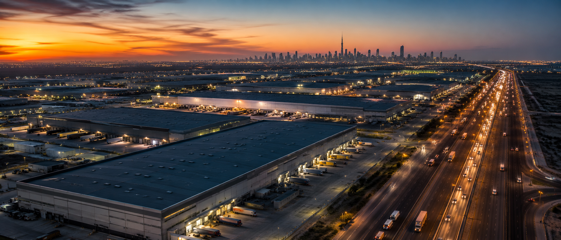 Aerial view of a GCC industrial and logistics district at golden hour