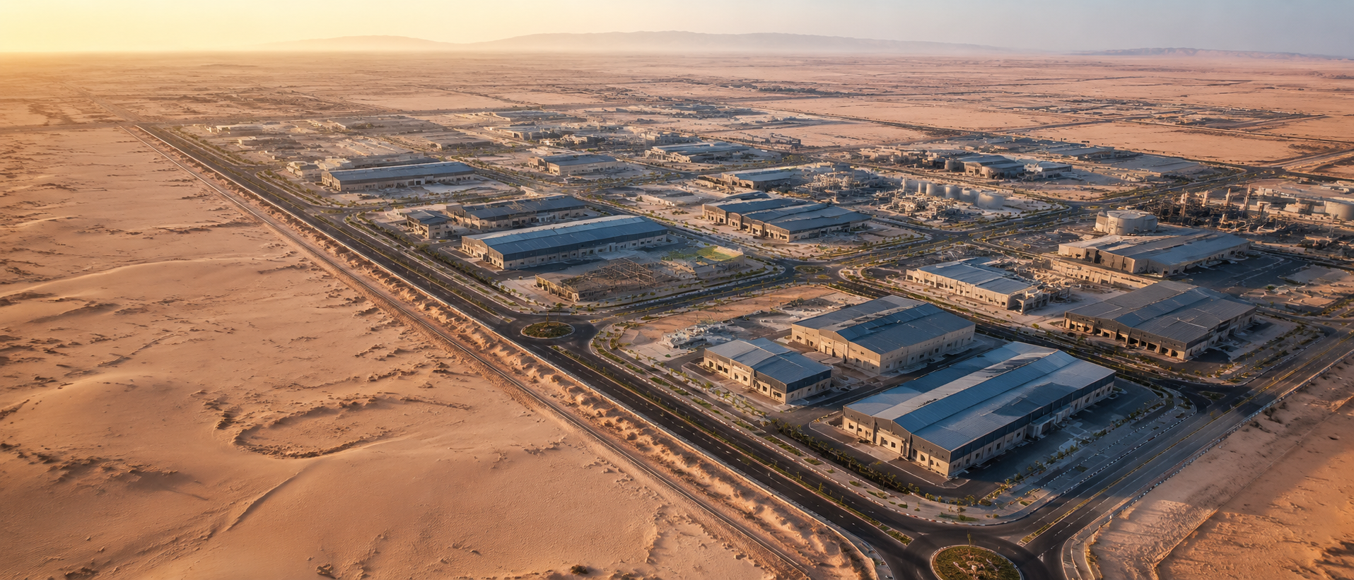 Aerial view of a GCC industrial free zone at golden hour